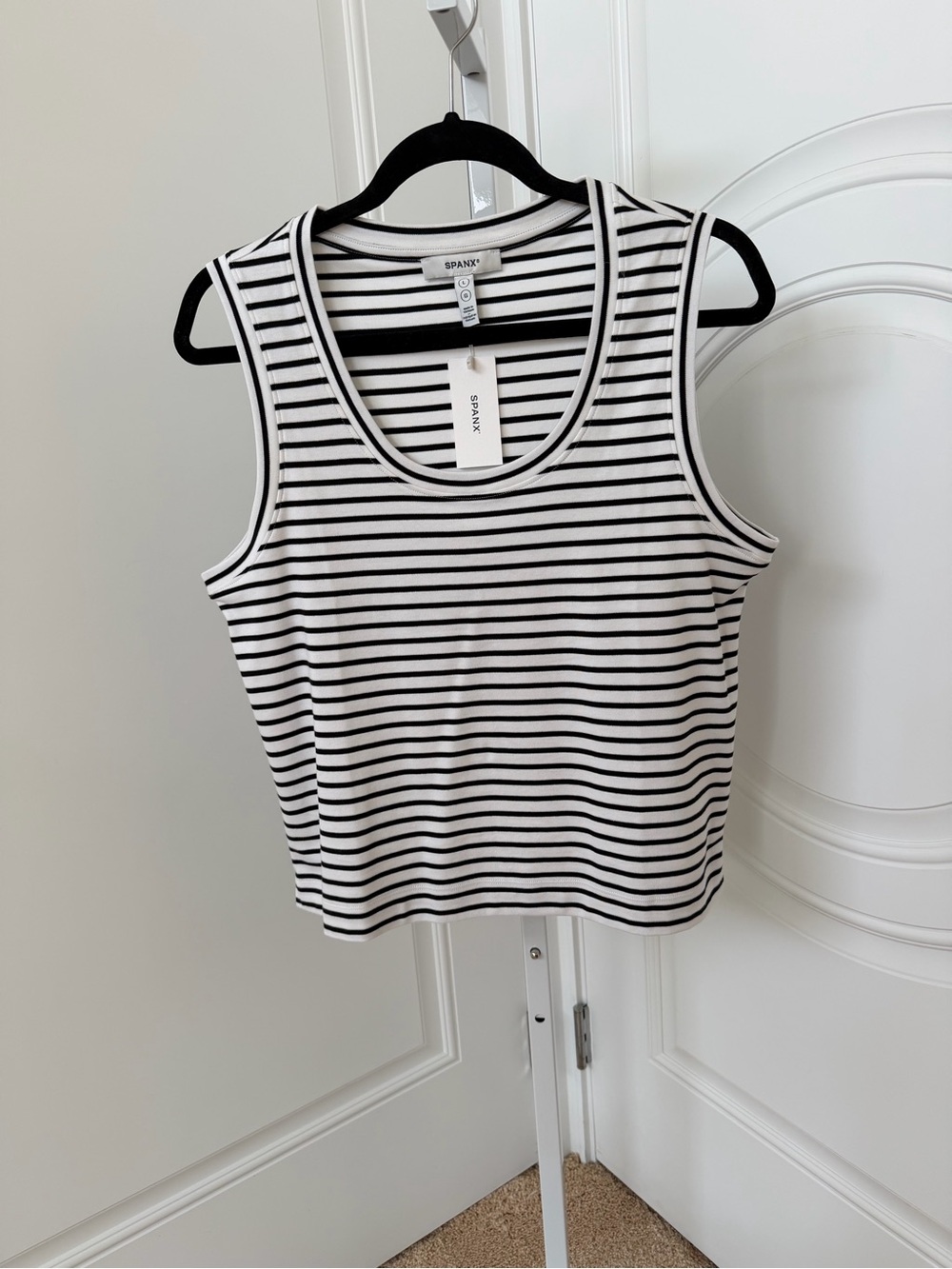 SPANX Black and White Striped Muscle Tank